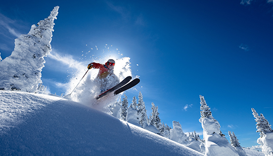 an action shot of a skier on the slopes with snow covering everything all around