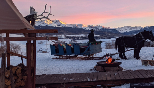 two horse pulling a sled with a person on it at dusk