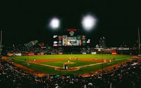 ATT Park in San Francisco at night with view behind home plate