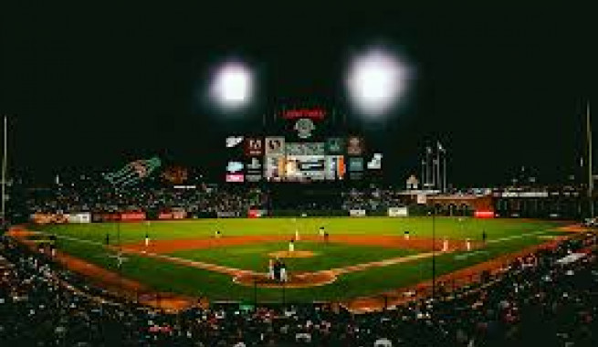 ATT Park in San Francisco at night with view behind home plate