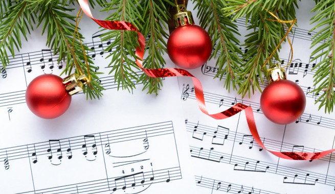 holiday sheet music with christmas ornaments