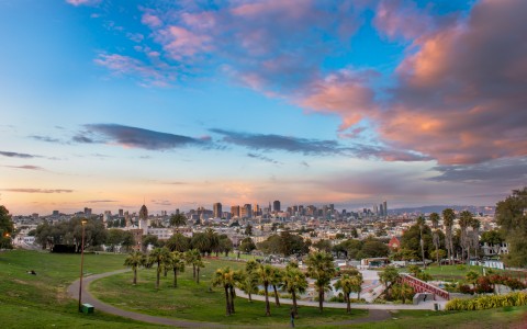 fish eye image of city from a park