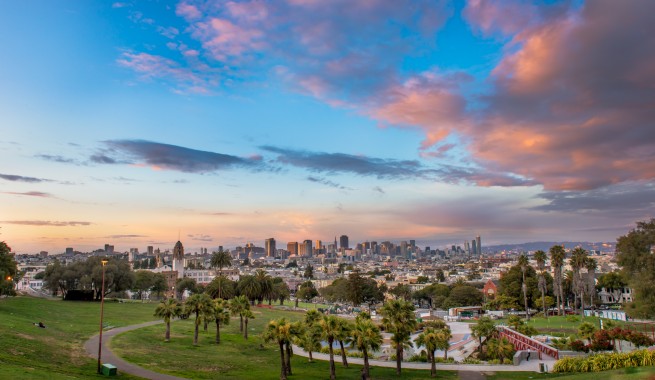 fish eye image of city from a park