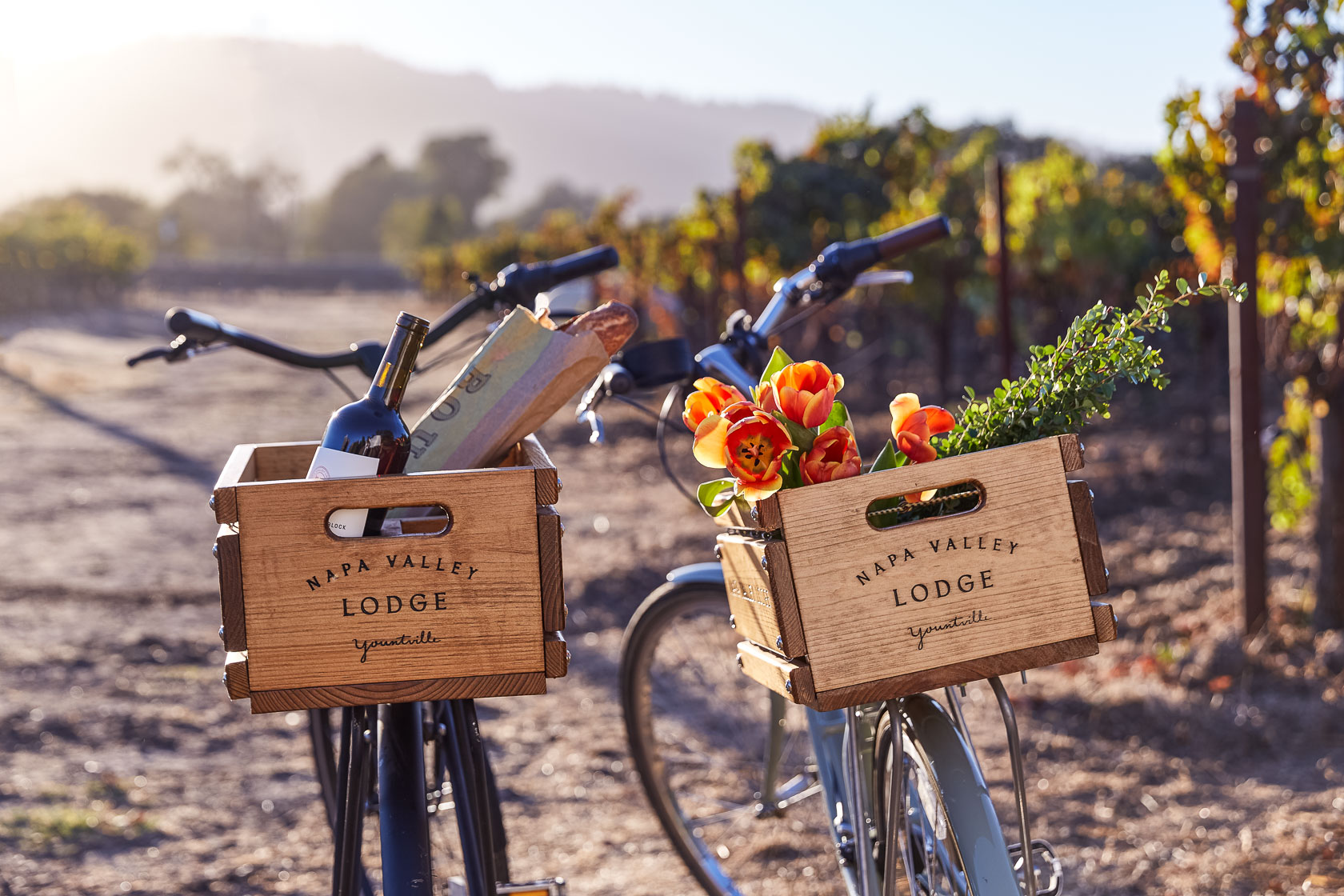 View of two bicycles with drawers full of flowers and Napa wine