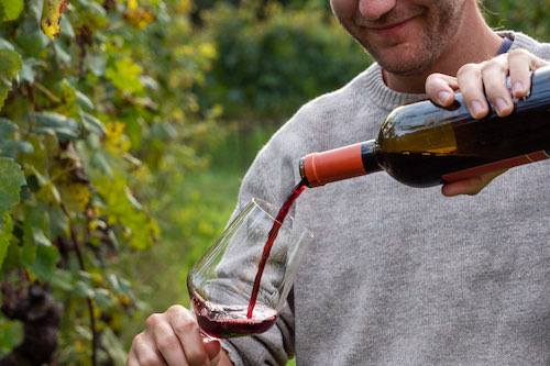 man in grey sweater pouring a glass of red wine at a vineyard