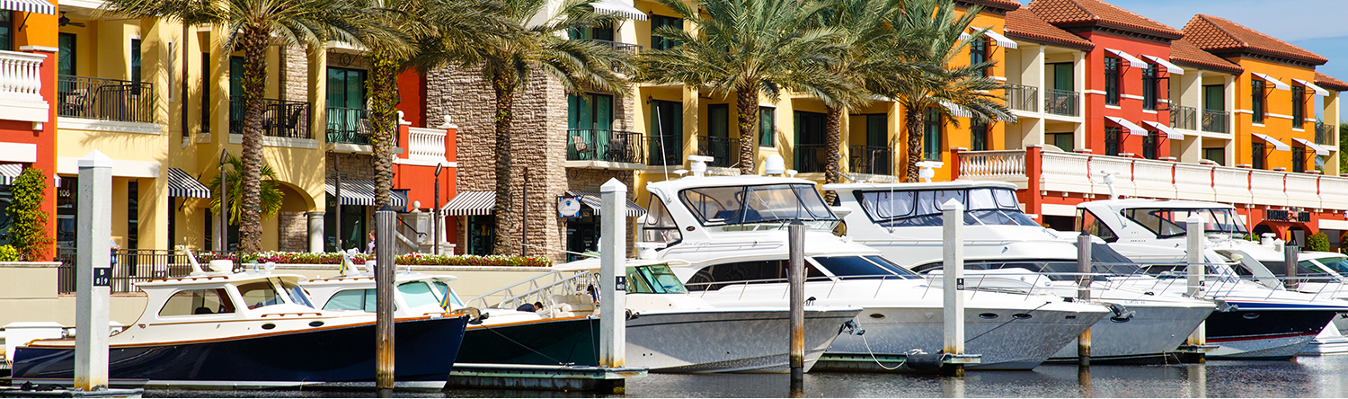 a row of large yachts docked at a marina in front of colorful buildings
