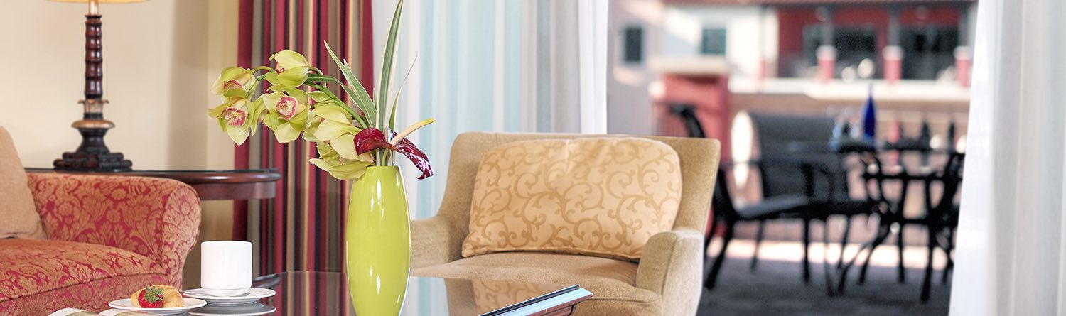 a red patterned couch, tan cushioned chair, and a coffee table with flowers, coffee cup, and appetizer plate