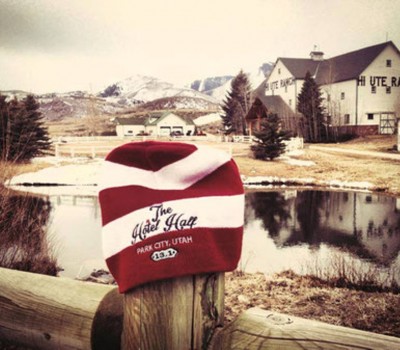 Park City, Utah beanie with lake view behind it