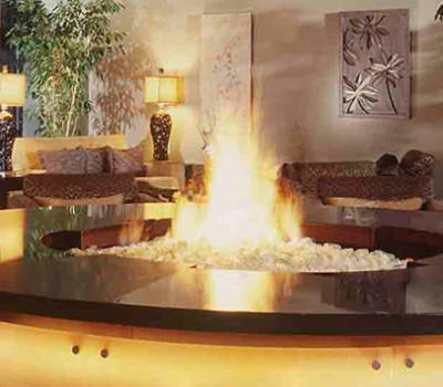 resort lobby with a fire pit
