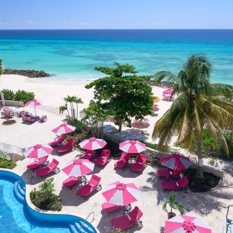 view of pink lounge chairs and pool view next to the ocean