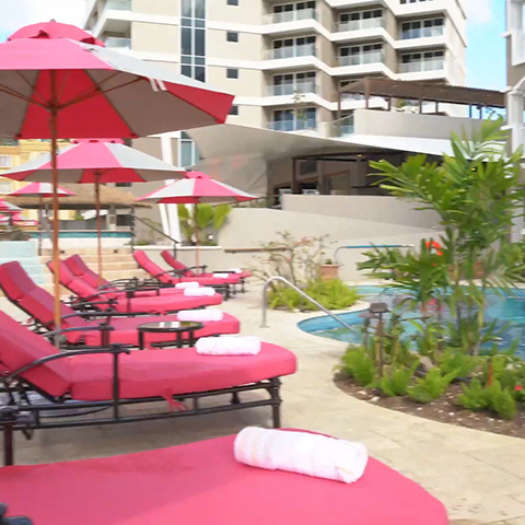 pink loungers next to pool and greenery