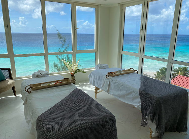 massage tables with blanked by ocean