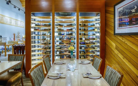 glass wine cellar in the restaurants dining room