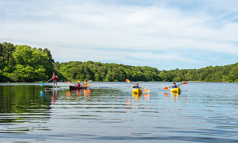young children kayaking and paddleboarding in calm water