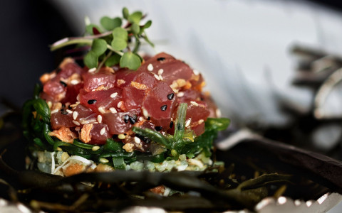 Close up of raw fish on seaweed salad