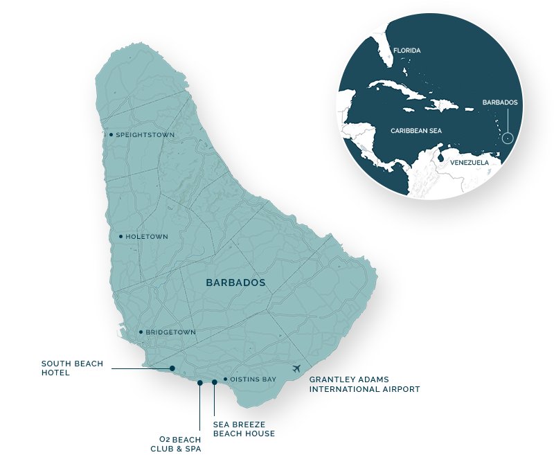 Image Map <p>Our three unique properties capture the alluring atmosphere of Barbados' South Coast, just minutes apart from each other. </p>