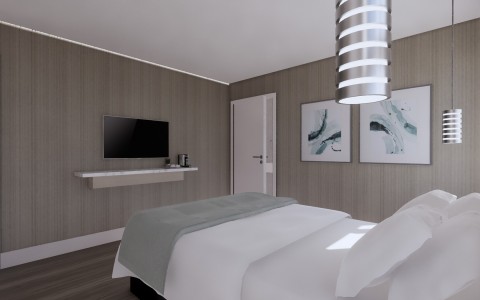 rendering of bedroom with gray throw blanket and flat screen