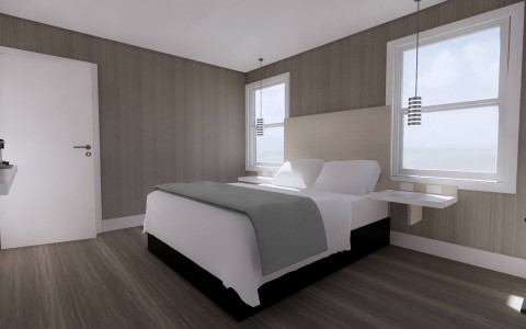 rendering of bedroom with gray throw blanket