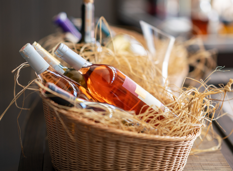 Basket with several bottles of wine 