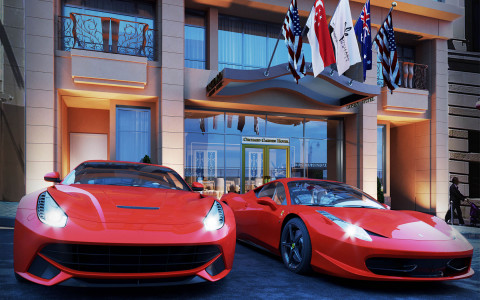 Luxury cars parked outside of property