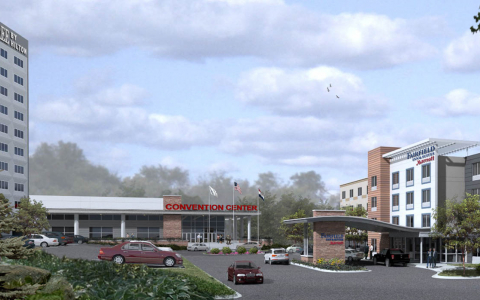 Rendering of DoubleTree by Hilton with convention center attached next to a Fairfield Inn and Suites hotel