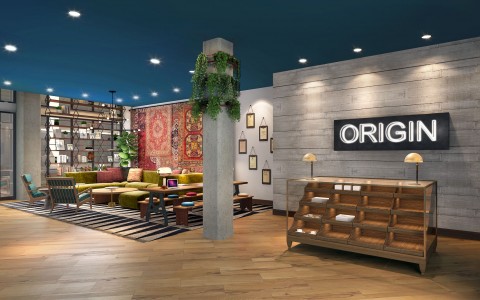 Origin Hotel Austin lobby at nigh time 