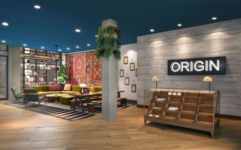 view of the Origin Hotel Austin lounge during the night
