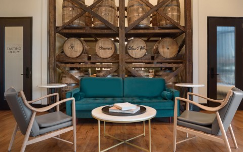barrels and seating area