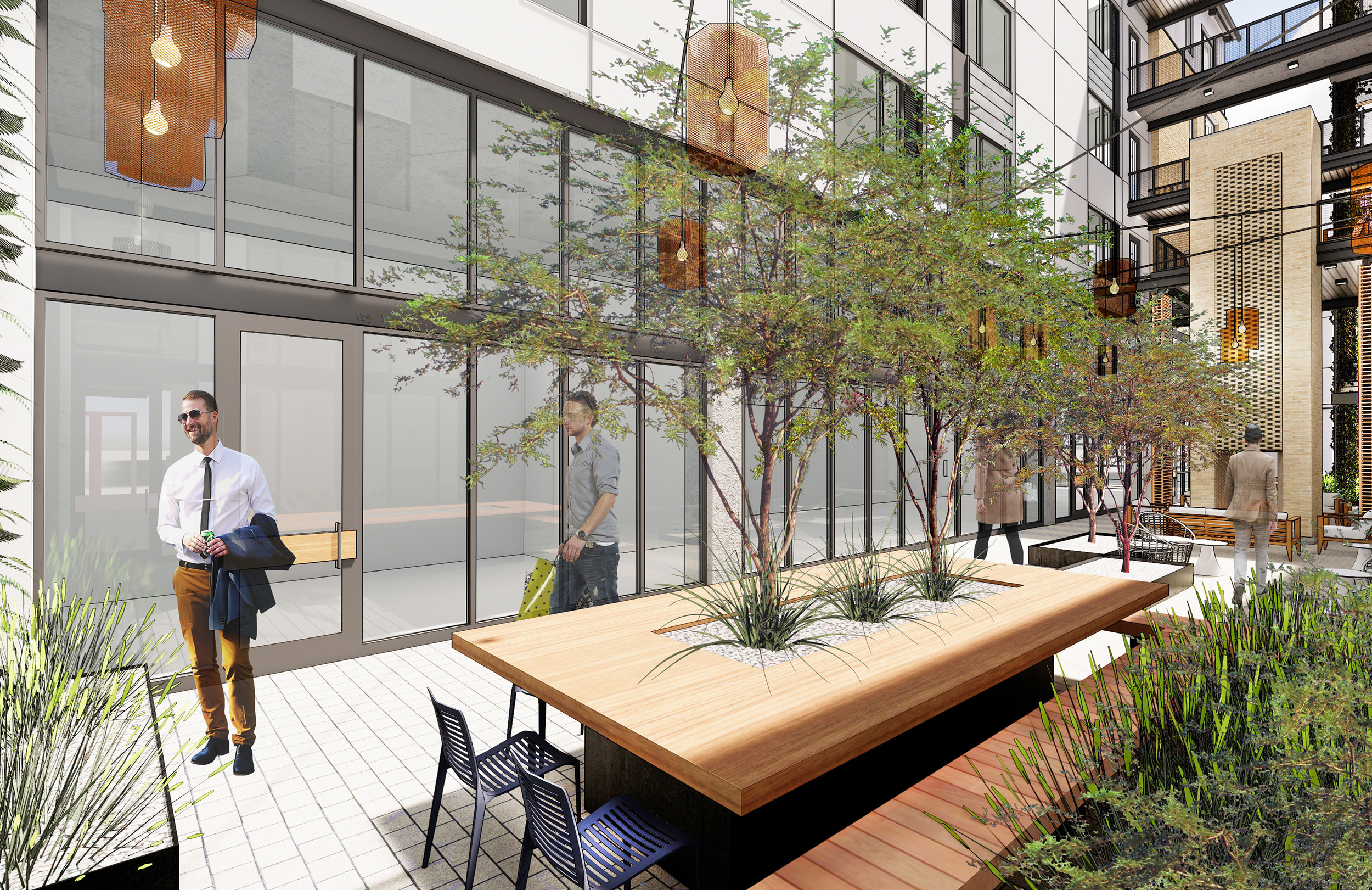 rendering of a long wooden lobby table with trees in the middle