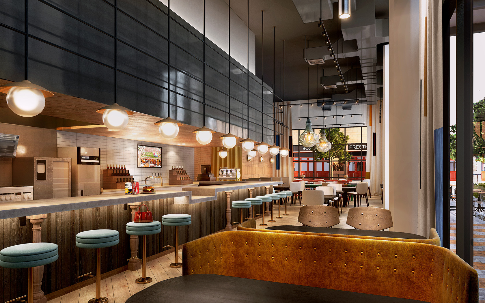 restaurant seating area with view of long bar table and booths