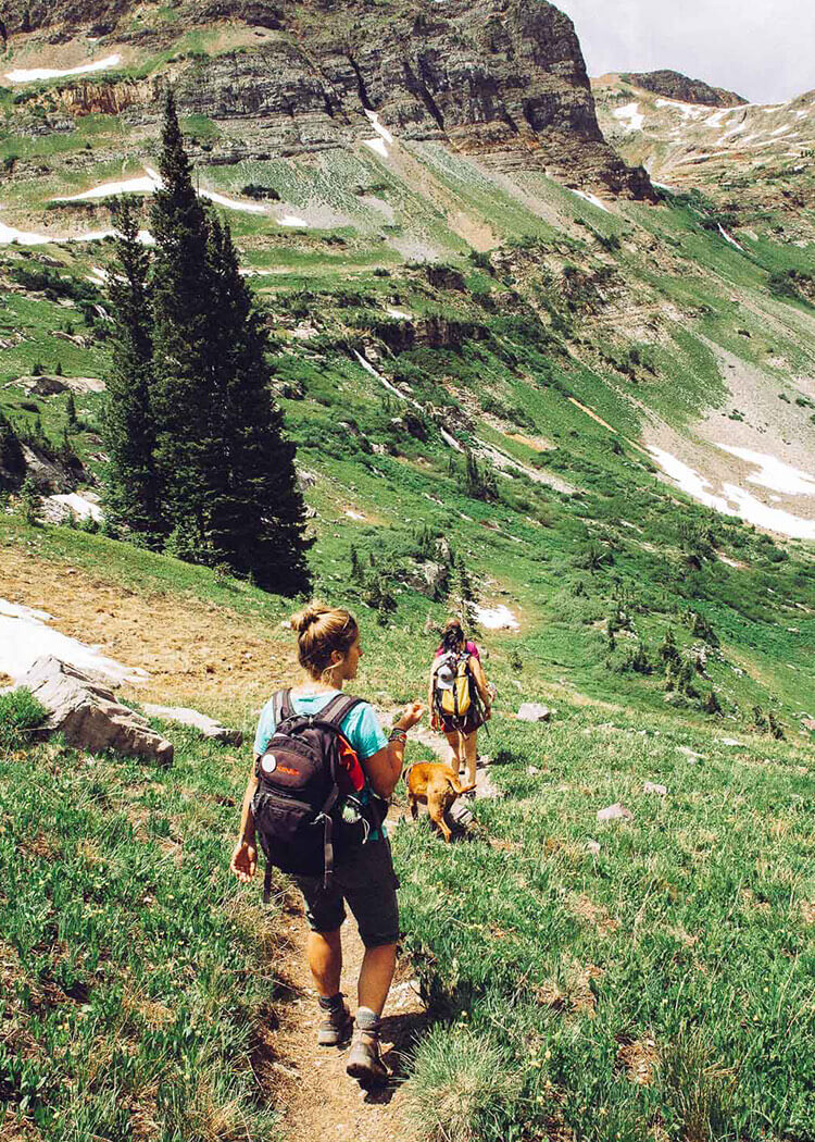 two friends hiking down the mountain with a dog and backpacks