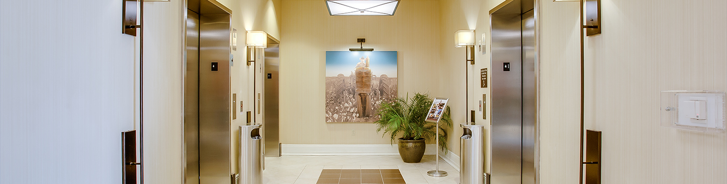 elevator lobby with a painting on the wall