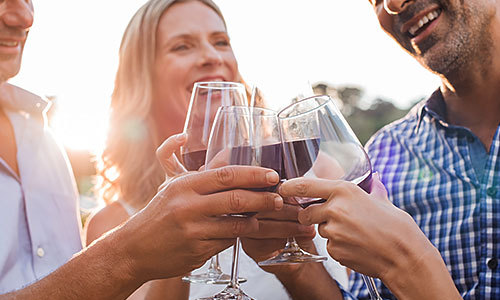 Close-up of four friends toasting glasses of red wine on a nice day out