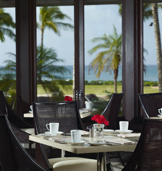 Closeup view of a table setup with a good view outside