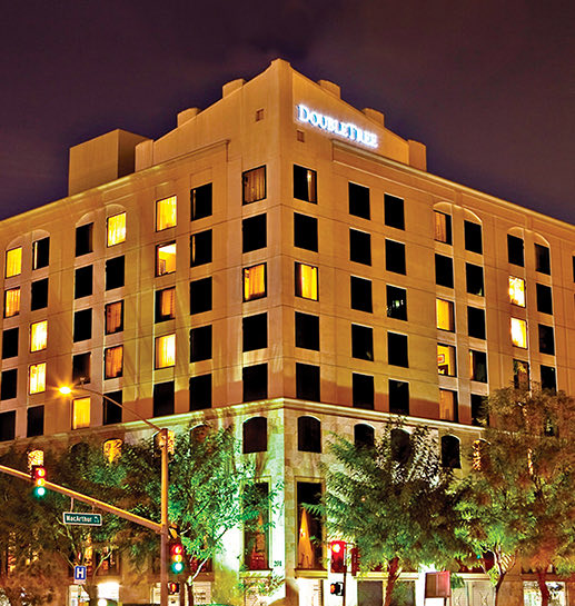 Doubletree hotel building view at night 