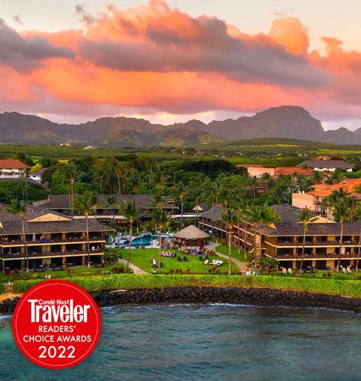 view of Koa Kea and mountains in the background with with the conde nast traveler readers choice awards 2022 logo on the bottom left