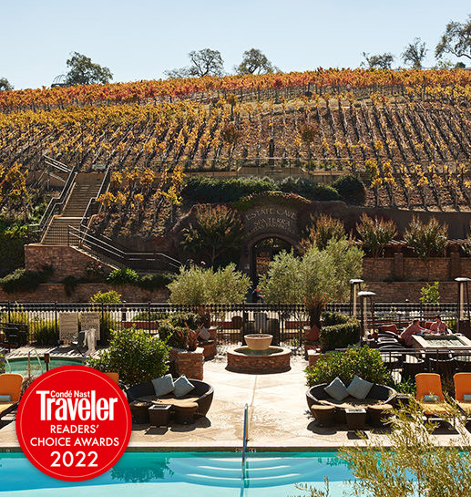 View of meritage resort overlooking a vineyard with the conde nast traveler readers choice awards 2022 logo on the bottom left