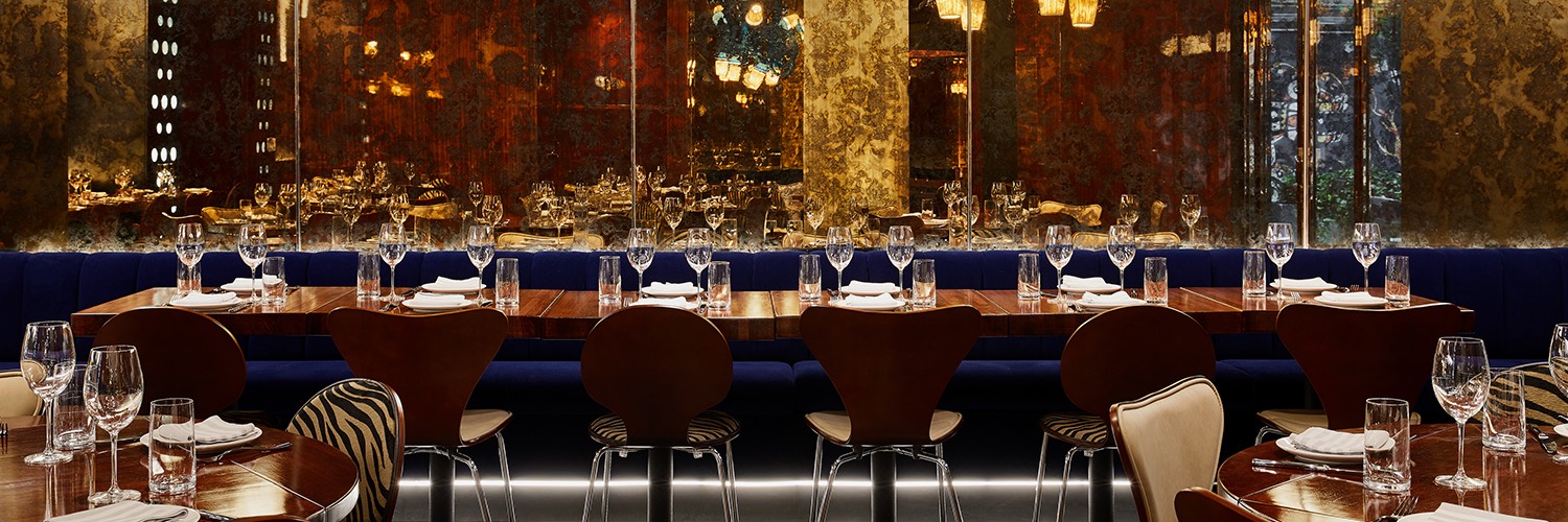 Interior with tables placed together for large group to dine