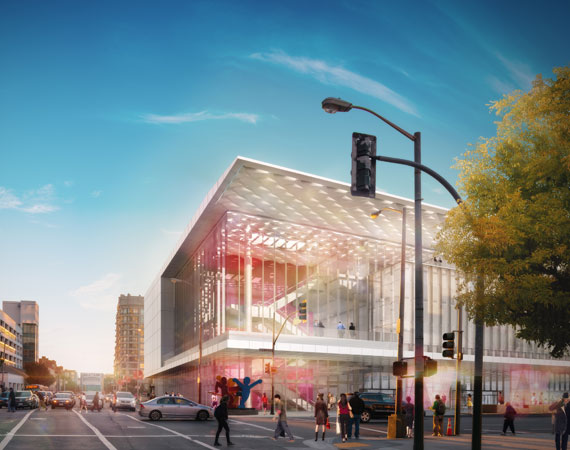 Moscone Center during the day with people walking by