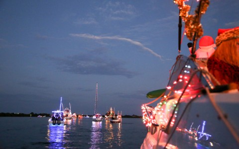 holiday boats on the water at dusk 