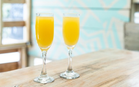 view of two mimosas in champagne flutes