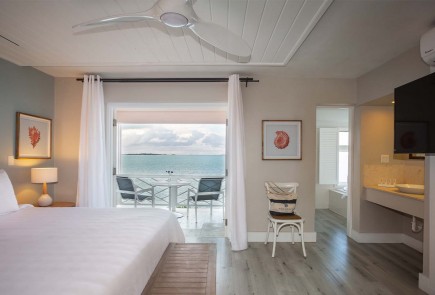 hotel suite with TV, air conditioner and a sea view balcony 
