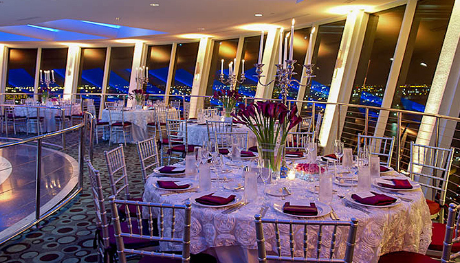 Fort Lauderdale Special Events Pier Sixty Six Hotel Marina Panoramic Piertop Venue Set With Roundtables Gl Dinnerware Purple Flower Arrangements
