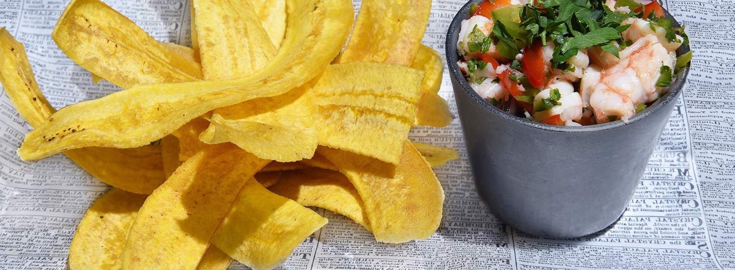 Plantain chips with ceviche dip