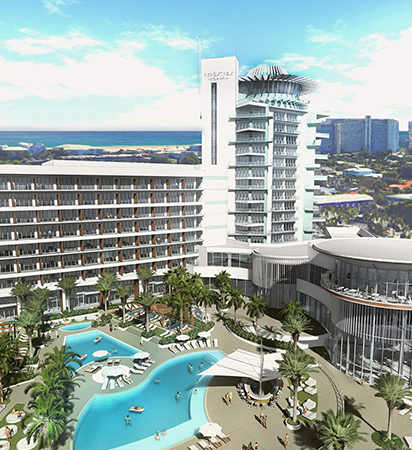 new design for the pier 66 hotel with modern buildings and a large outdoor pool area with two pools