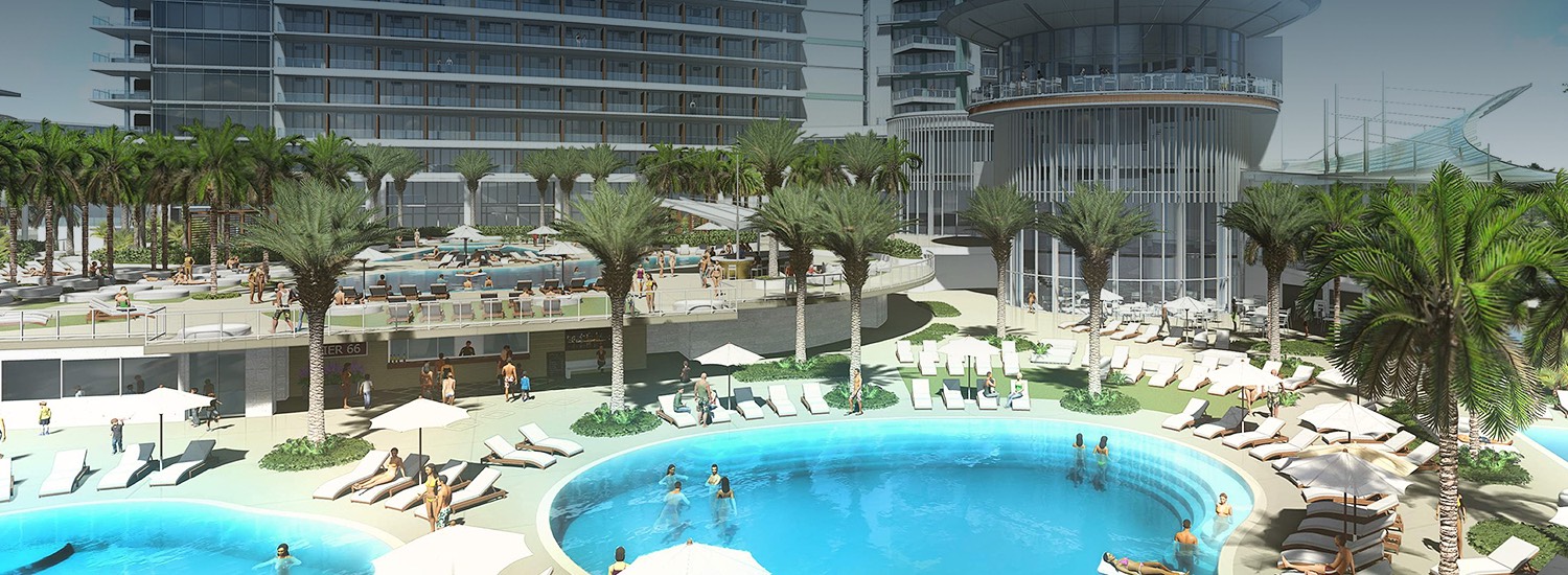 pool area with two round pools, white umbrellas and lounge chairs