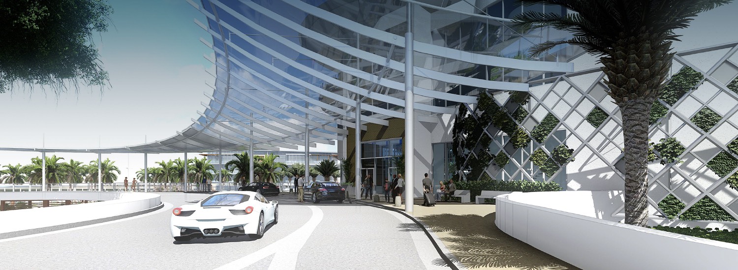 a car pulled up in front of the hotel with a modern, sleek glass awning