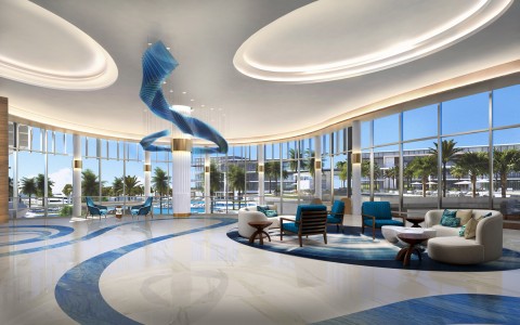 lobby area with blue accents