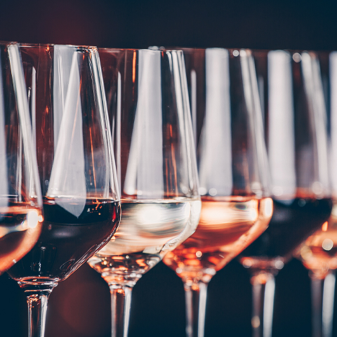 line of wine glasses filled with a variety of wines