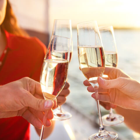 hands clinking champagne glasses while on a boat